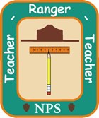 Rectangular Teacher-Ranger-Teacher logo, featuring a drawing of a Park Ranger hat above a horizontal ruler and vertical pencil. The green border around these images says Teacher Ranger Teacher NPS in white letters.