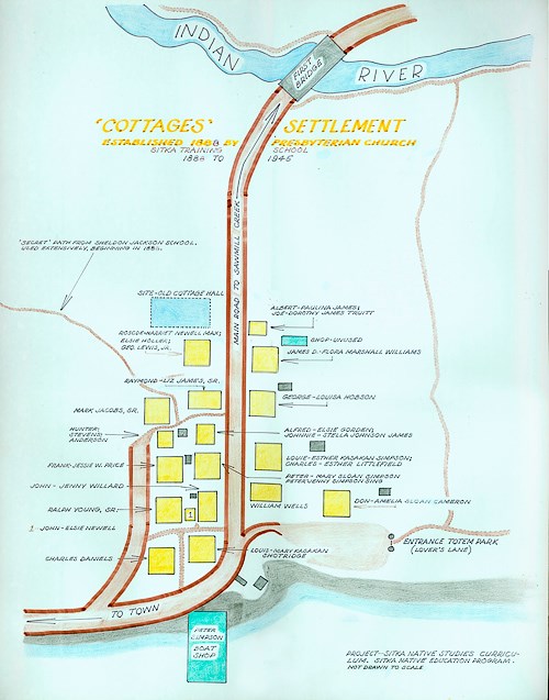 Color, hand drawn map of the previous Cottage Community that shows location of buildings and the name of people that stayed there.