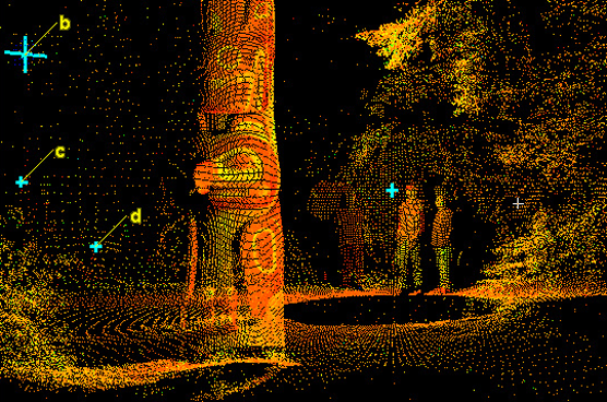 A digital rendering from a laser scanner of people, a totem pole, and forest, which appear as a series of closely spaced dots.