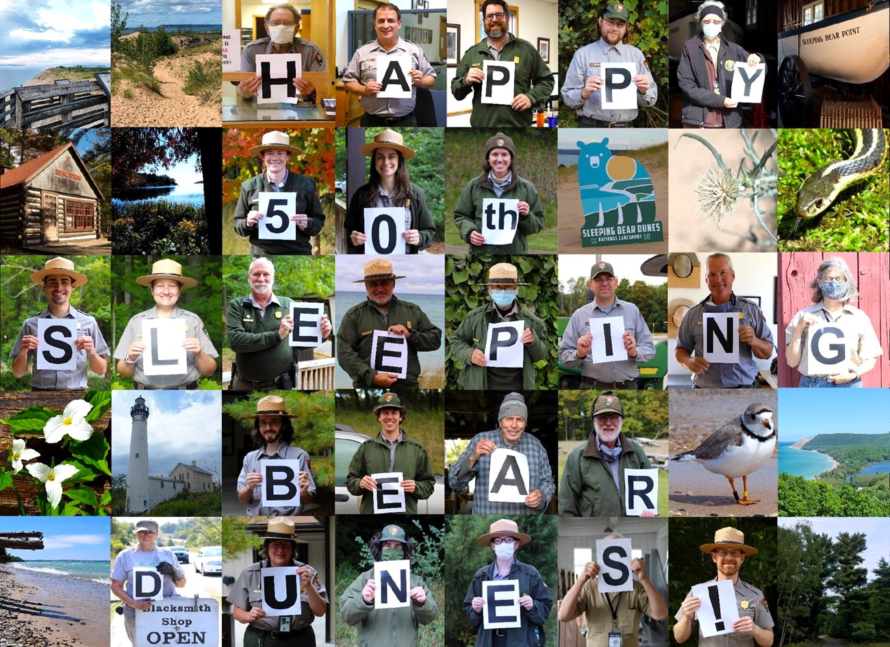 Collage of photos of park staff holding letters that spell out Happy Anniversary Sleeping Bear Dunes