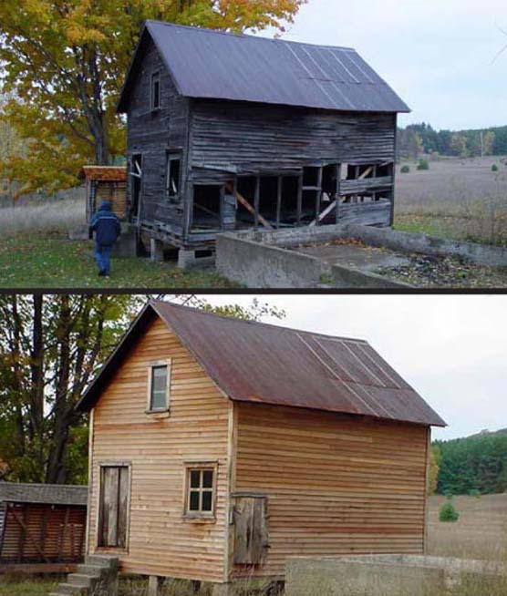 Martin Basch Farm granary before and after improvements.