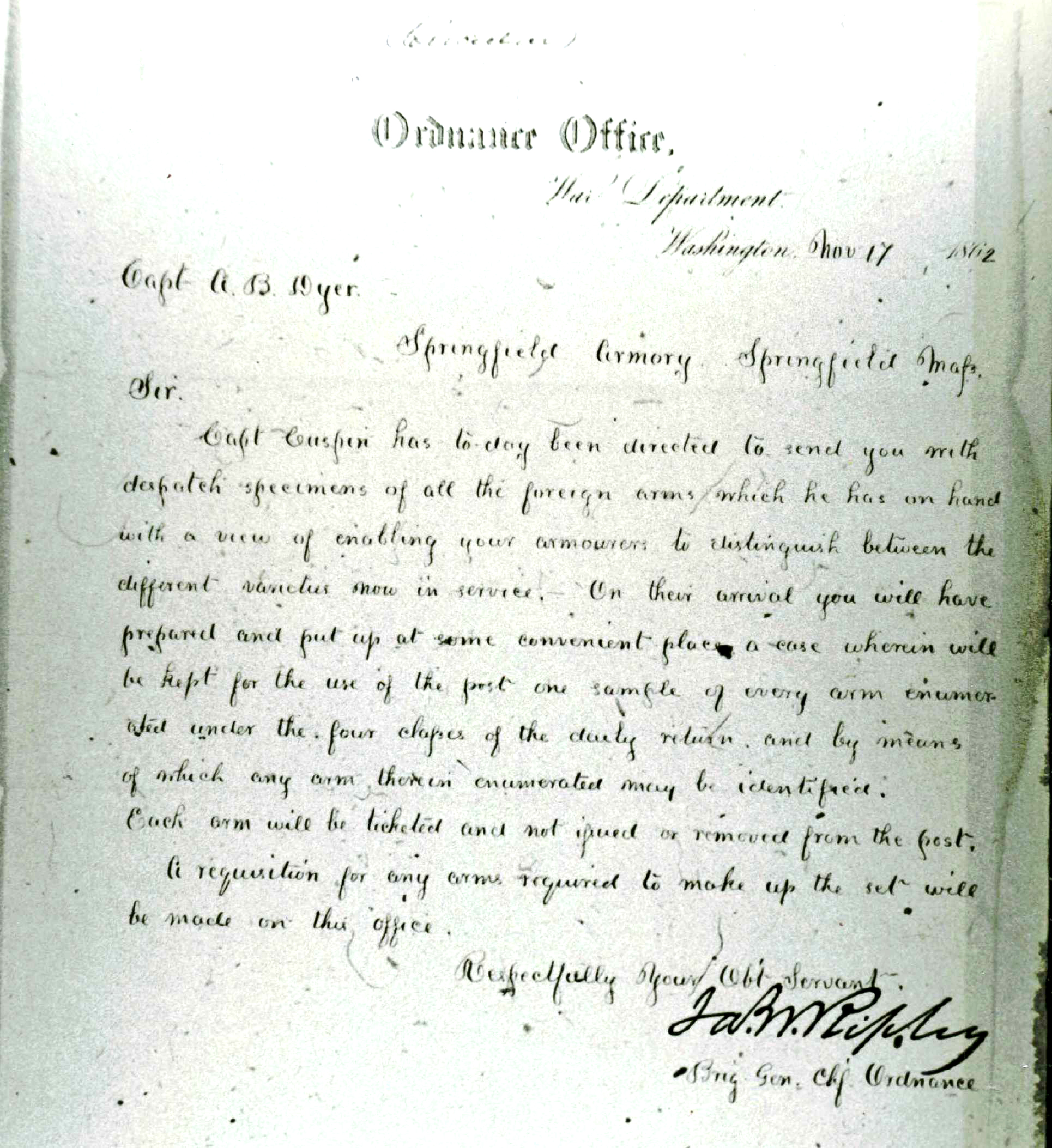 Order establishing the collection, November 17th, 1862 Order establishing the collection, November 17th, 1862