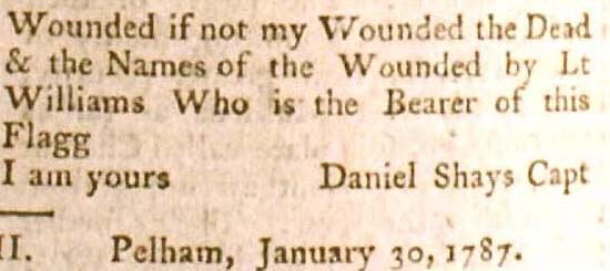close-up of a letter from Daniel Shays appearing in a newspaper