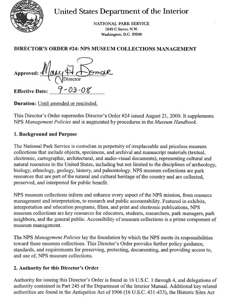 DIRECTOR’S ORDER #24: NPS MUSEUM COLLECTIONS MANAGEMENT