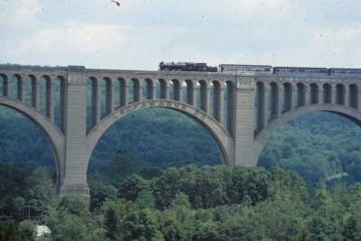 Steamtown NHS' Canadian National #3254 locomotive on the historic Tunkhannock Viaduct, Nicholson, PA.