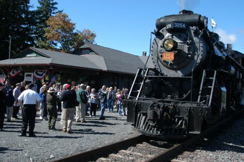 Steamtown NHS' steam locomotive, CN 3254, rests at Tobyhanna (PA) Station during a summer excursion.