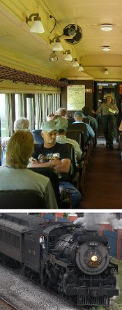 Top:  Interior view of a coach with a park ranger giving a program.
Bottom:  Steam locomotive pullng a short train ride.
