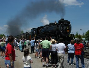 Steam locomotive Canadian National #3254 arriving at Tobyhanna Station during a seasonal excursion at Steamtown NHS.