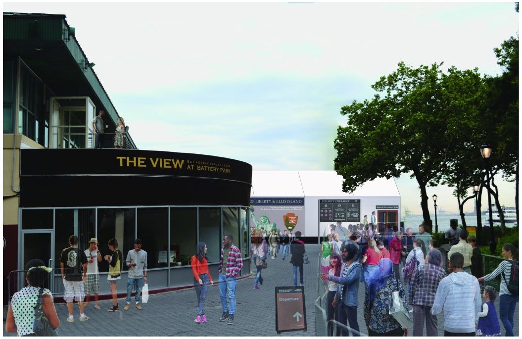 Rendering of new screening at The Battery. On the left, the restaurant "The View" is present, the background has the new screening facility with a queue of people forming at the door.