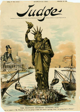 A political cartoon entitled “The Proposed Emigrant Dumping Site” from Judge Magazine, March 22, 1890. 