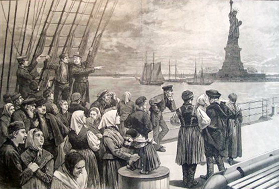 An illustration of immigrants on the steerage deck of an ocean steamer passing the Statue of Liberty from Frank Leslie’s Illustrated Newspaper, July 2, 1887. 