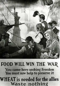 This poster asked immigrants not to waste wheat during the war. 