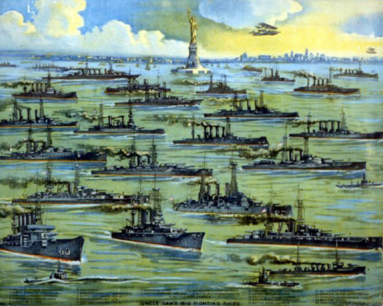 A poster of numerous U.S. Navy vessels sailing in New York Harbor during World War I entitled “Uncle Sam’s Big Fighting Ships.” 