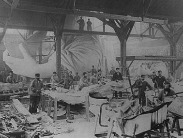 Craftsmen working on the construction of the Statue of Liberty in Paris. 