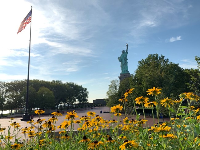 The Statue of Liberty and American flag with flowers in the foreground.