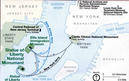 Map: Route of Statue of Liberty Ferry.