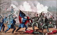 Painting of soldiers around a Confederate first national flag.
