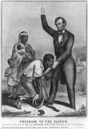 Drawing of formerly enslaved people thanking Abraham Lincoln for emancipation