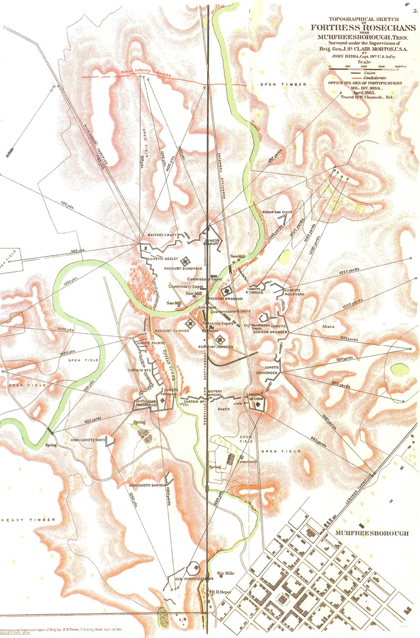 Map depicting location of earthworks adjacent to Murfreesboro.