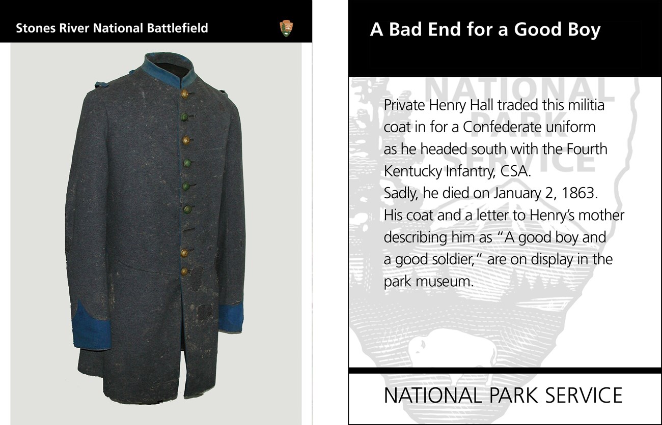 A grey coat with a light blue collar and cuffs with gold buttons down the center. The reverse side of the card has text.