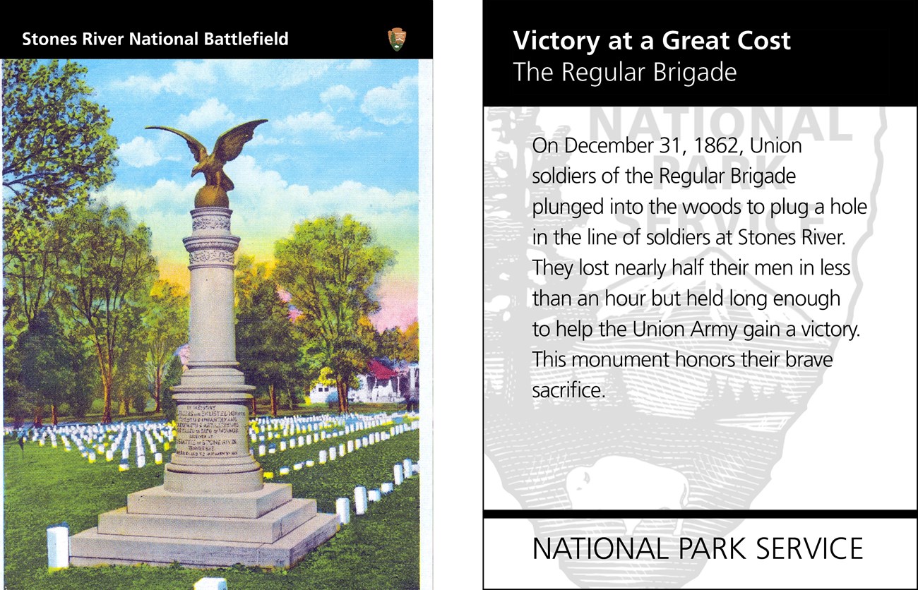 A postcard with a grey concrete column with a brass eagle on a brass ball on top of it. The column sits on a tiered square pedestal in a cemetery. Text of the reverse side of the card is shown.
