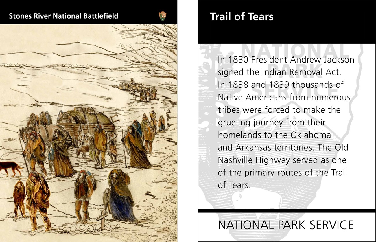 A color illustration of Native Americans in a long line clothed in coats and shawls, with horses pulling wagons of supplies. Opposite is the reverse of the card, showing text.