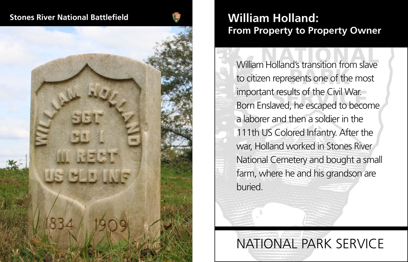 A headstone reading "William Holland" "SGT CO I, 111 REGT US CLD INF" is within a shield. Below the shield are the years 1834 and 1909. Opposite is the text of the reverse side of the card.