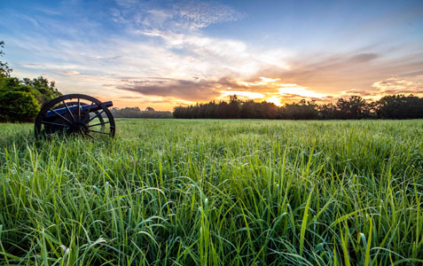 Sun rises over a field with a cannon.