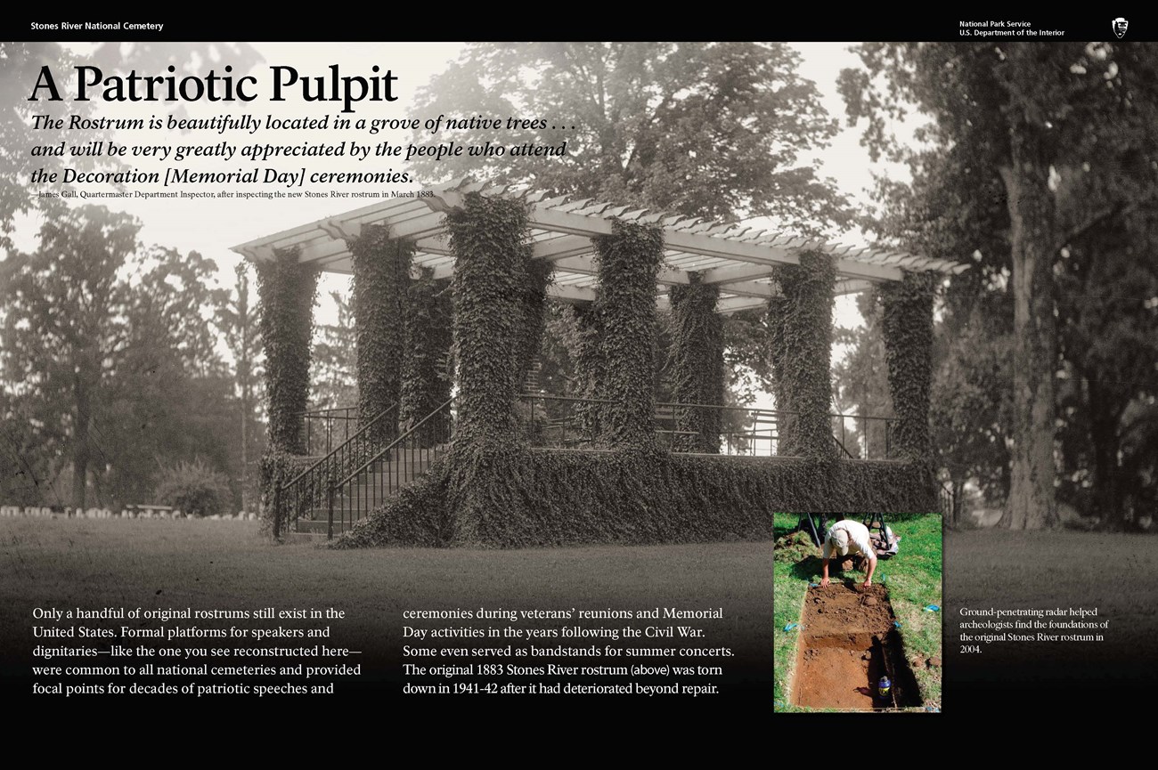 An exhibit showing a black and white photo shows an ivy covered structure and a colored insert picture showing archaeologist excavating a plot of land.