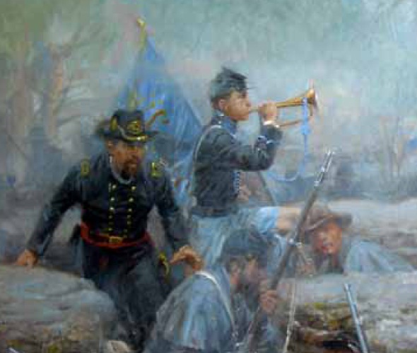 Painting of Union soldiers in rocks