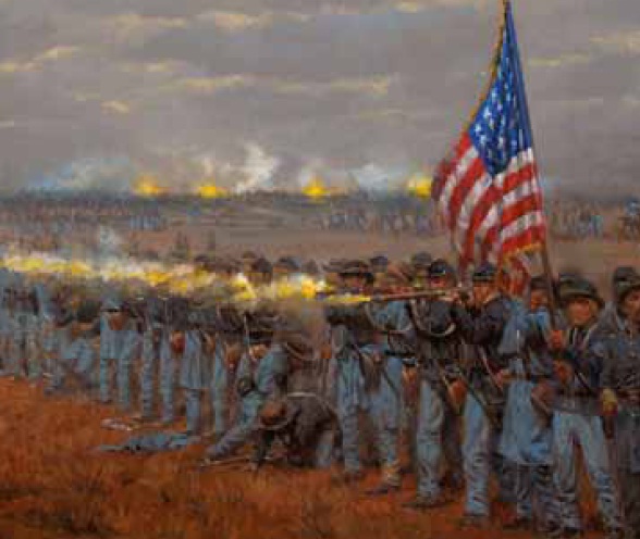 Painting of Union soldiers firing muskets