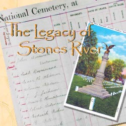 Postcard depicting the Regular Brigade Monument on top of a national cemetery burial log sheet.