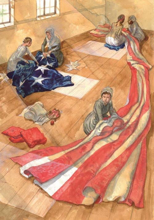 Illustration of five women sitting on a wood floor, sewing a large American flag.