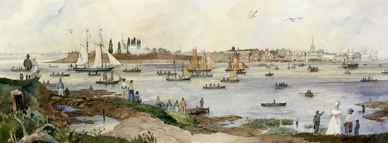 Watercolor of a view of a river, with boats sailing along a river, with groups of people standing along the shoreline.