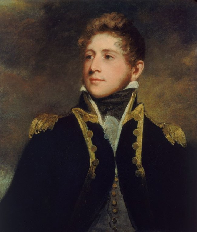 Oil painting of a young man, looking left, in a military uniform.