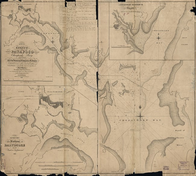 Black and white nautical map of the Patapsco River with an inset of the Severn River.