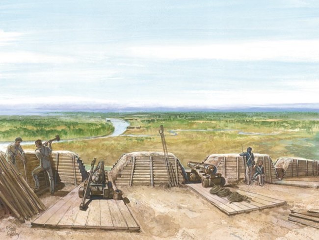 Four men work in a wooden battery that overlooks an open area with a river flowing into the distance.