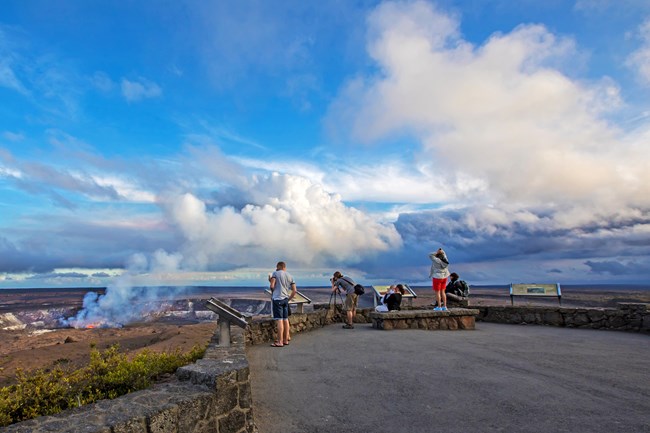 Visitors viewing the plume coming off lava lake Halema'uma'u