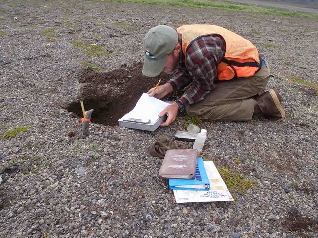 A scientist conducts a soil inventory.