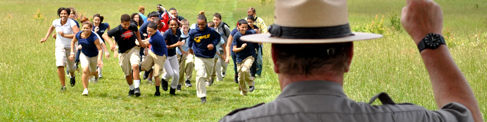 A school group charges the field at Gettysburg National Military Park