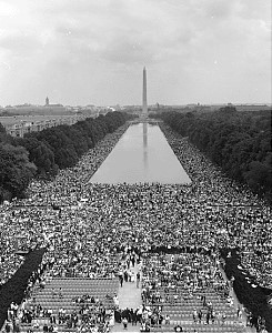 View of crowds on the National Mall from the Lincoln Memorial to the Washington Monument, August 28, 1963 View of crowds on the National Mall from the Lincoln Memorial to the Washington Monument, August 28, 1963