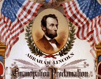 Ornate lithograph with picture of Abraham Lincoln, U.S. flags and the text of the Emancipation Proclamation