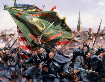 Color print of Union troops attacking during the Battle of Fredericksburg; painting by Don Troiani, www.historicalartprints.com