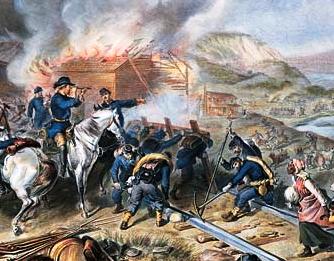 Painting of Gen. William T. Sherman overseeing his troops tear up railroad tracks while a nearby building burns.