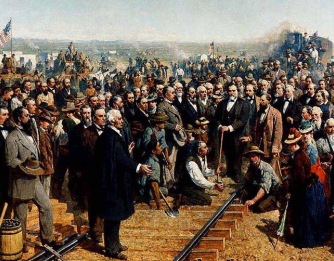 Painting showing the driving of the final spike in the Pacific Railroad