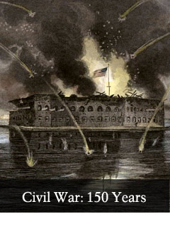 Engraving of the 1861 bombardment of Fort Sumter and link to Civil War 150th Commemoration page