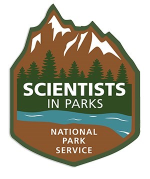 Logo for Scientists in Parks program: sharp snowcapped mountains above a forest and river