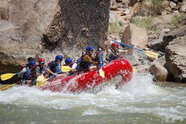 people whitewater rafting on a river