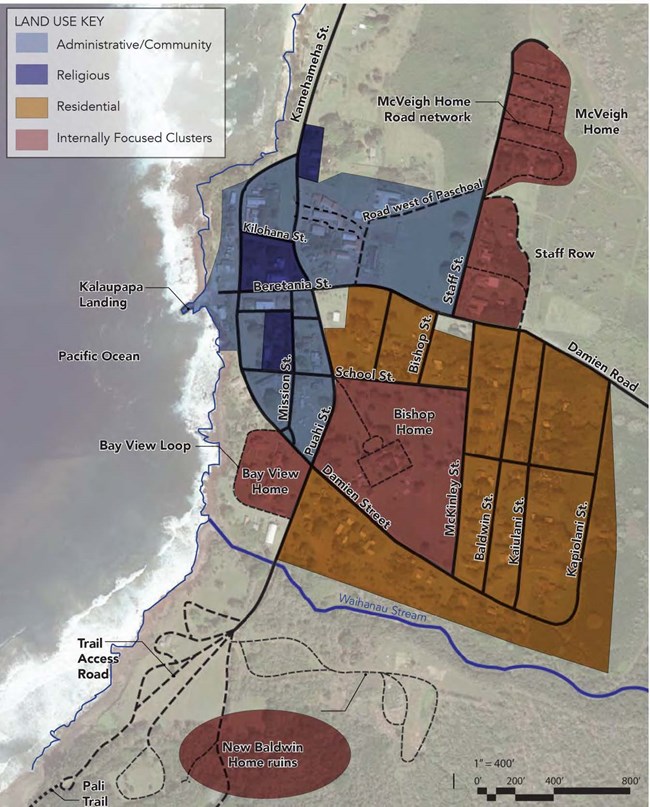 A color-coded site map indicates land use at Kalaupapa, showing administrative, religious, residential, and internally-focused.