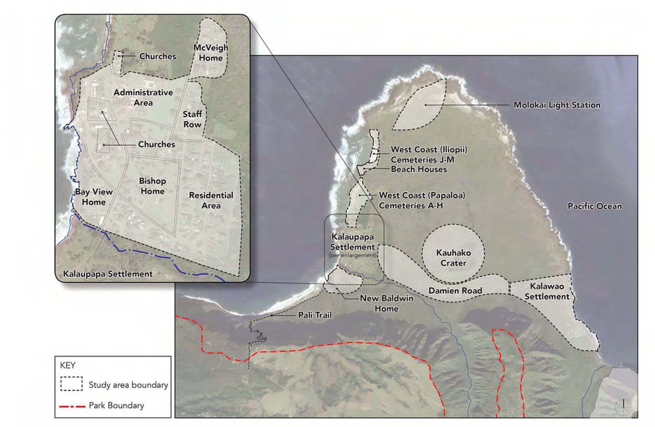 A map of the Kalaupapa peninsula, indicating study areas of the Kalaupapa and Kalawao Settlements Cultural Landscape Report